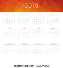Calendar 2019 year simple style. With abstract geometric triangle mosaic tessllation header,banner.  Week starts from sunday