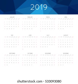 Calendar 2019 year simple style. With abstract geometric triangle mosaic tessllation header,banner.  Week starts from sunday