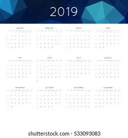 Calendar 2019 year simple style. With abstract geometric triangle mosaic tessllation header,banner.  Week starts from sunday