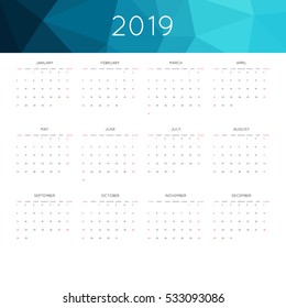 Calendar 2019 year simple style. With abstract geometric triangle mosaic tessllation header,banner.  Week starts from sunday