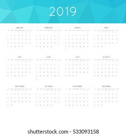 Calendar 2019 year simple style. With abstract geometric triangle mosaic tessllation header,banner.  Week starts from sunday