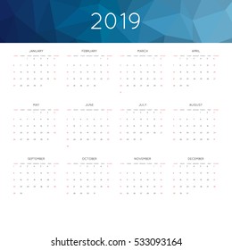 Calendar 2019 year simple style. With abstract geometric triangle mosaic tessllation header,banner.  Week starts from sunday