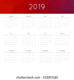 Calendar 2019 year simple style. With abstract geometric triangle mosaic tessllation header,banner.  Week starts from sunday