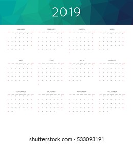 Calendar 2019 year simple style. With abstract geometric triangle mosaic tessllation header,banner.  Week starts from sunday