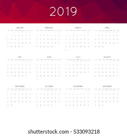 Calendar 2019 year simple style. With abstract geometric triangle mosaic tessllation header,banner.  Week starts from sunday