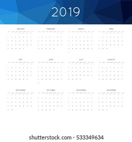 Calendar 2019 year simple style. With abstract geometric triangle mosaic tessllation header,banner.  Week starts from sunday