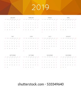 Calendar 2019 year simple style. With abstract geometric triangle mosaic tessllation header,banner.  Week starts from sunday