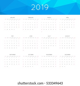 Calendar 2019 year simple style. With abstract geometric triangle mosaic tessllation header,banner.  Week starts from sunday