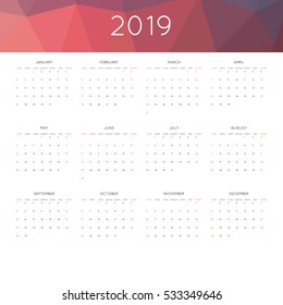 Calendar 2019 year simple style. With abstract geometric triangle mosaic tessllation header,banner.  Week starts from sunday