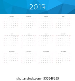 Calendar 2019 year simple style. With abstract geometric triangle mosaic tessllation header,banner.  Week starts from sunday