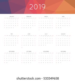 Calendar 2019 year simple style. With abstract geometric triangle mosaic tessllation header,banner.  Week starts from sunday