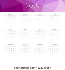 Calendar 2019 year simple style. With abstract geometric triangle mosaic tessllation header,banner.  Week starts from sunday
