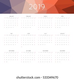 Calendar 2019 year simple style. With abstract geometric triangle mosaic tessllation header,banner.  Week starts from sunday