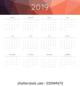 Calendar 2019 year simple style. With abstract geometric triangle mosaic tessllation header,banner.  Week starts from sunday