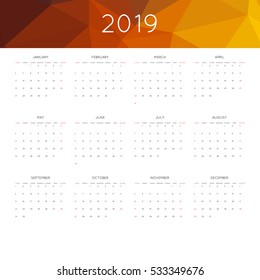 Calendar 2019 year simple style. With abstract geometric triangle mosaic tessllation header,banner.  Week starts from sunday