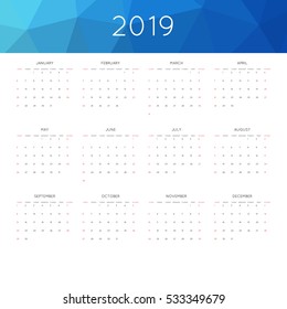 Calendar 2019 year simple style. With abstract geometric triangle mosaic tessllation header,banner.  Week starts from sunday