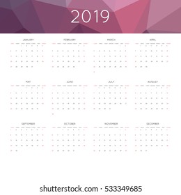 Calendar 2019 year simple style. With abstract geometric triangle mosaic tessllation header,banner.  Week starts from sunday