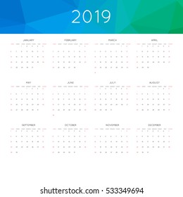 Calendar 2019 year simple style. With abstract geometric triangle mosaic tessllation header,banner.  Week starts from sunday