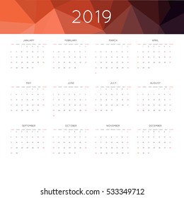 Calendar 2019 year simple style. With abstract geometric triangle mosaic tessllation header,banner.  Week starts from sunday