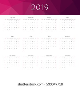 Calendar 2019 year simple style. With abstract geometric triangle mosaic tessllation header,banner.  Week starts from sunday
