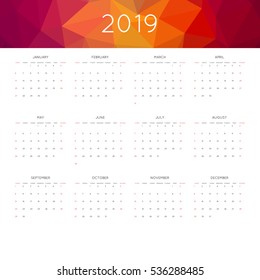 Calendar 2019 year simple style. With abstract geometric triangle mosaic tessellation header, banner.  Week starts from sunday