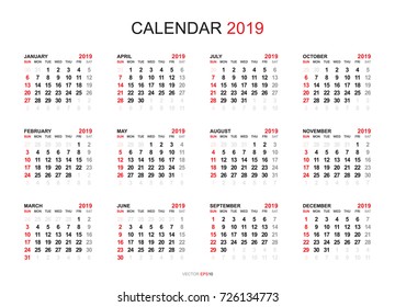Calendar 2019 year simple style. Week starts from Sunday. Vector illustration.