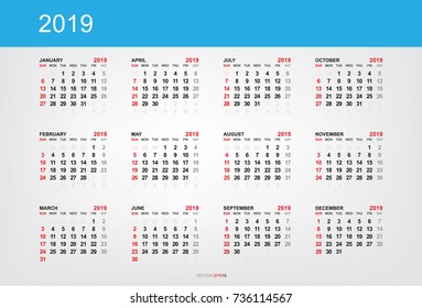 Calendar 2019 year in simple style. Week starts from Sunday. Vector illustration.