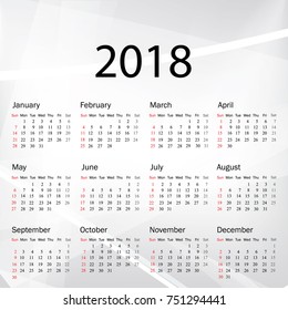 Calendar 2019 year in simple style. Week starts from Sunday. Vector illustration.