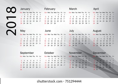Calendar 2019 year in simple style. Week starts from Sunday. Vector illustration.