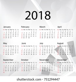 Calendar 2019 year in simple style. Week starts from Sunday. Vector illustration.
