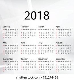 Calendar 2019 year in simple style. Week starts from Sunday. Vector illustration.