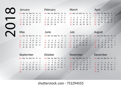 Calendar 2019 year in simple style. Week starts from Sunday. Vector illustration.