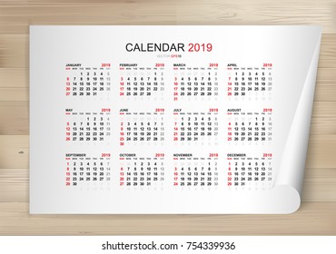 Calendar 2019 year in simple style on white paper sheet and wooden texture background. Week starts from Sunday. Vector illustration.
