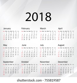 Calendar 2019 year in simple style. Week starts from Sunday. Vector illustration.