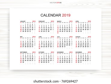 Calendar 2019 year in simple style on wooden texture background. Week starts from Sunday. Vector illustration.