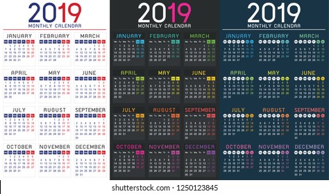 Calendar 2019 Year Simple template,Week starts with monday
