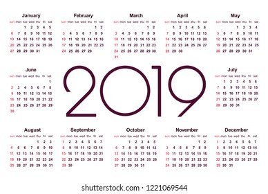 Calendar 2019 year. Simple Vector Template. Stationery Design Template. Calendar design in black and white colors, holidays in red colors. Isolated vector illustration on white background.