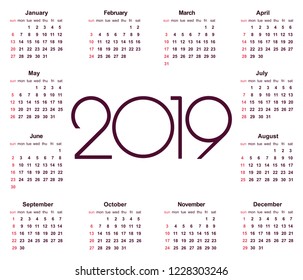 Calendar 2019 year. Simple Vector Template. Stationery Design Template. Calendar design in black and white colors, holidays in red colors. Isolated vector illustration on white background.
