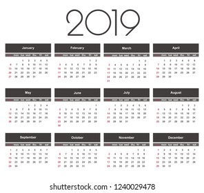 Calendar 2019 year. Simple Vector Template. Stationery Design Template. Calendar design in black and white colors, holidays in red colors. Isolated vector illustration on white background.