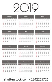 Calendar 2019 year. Simple Vector Template. Stationery Design Template. Calendar design in black and white colors, holidays in red colors. Isolated vector illustration on white background.