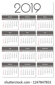 Calendar 2019 year. Simple Vector Template. Stationery Design Template. Calendar design in black and white colors, holidays in red colors. Isolated vector illustration on white background.
