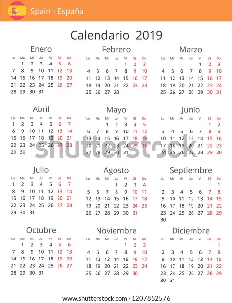 Calendar 2019 Year Spain Country Spanish Stock Vector (Royalty Free ...