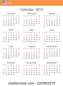 Calendar 2019 year for USA country. English language. In a portrait format with red weekends. Week starts on Sunday