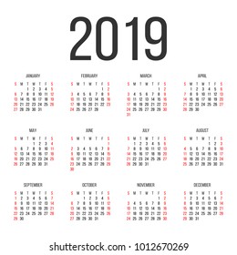 Calendar 2019 year vector design template. Simple 2019 year calendar.  Vector circle calendar 2019. Week starts from Sunday and ends  with Saturday. Font sans serif