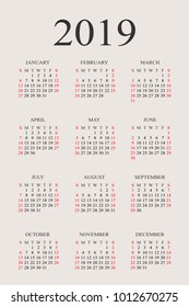 Calendar 2019 year vector design template. Simple 2019 year calendar.  Vector circle calendar 2019. Week starts from Sunday and ends  with Saturday. Font with serif