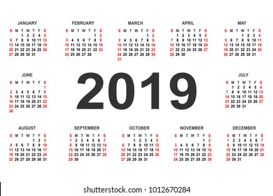 Calendar 2019 year vector design template. Simple 2019 year calendar.  Vector circle calendar 2019. Week starts from Sunday and ends  with Saturday. Font bold sans serif