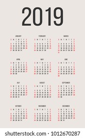 Calendar 2019 year vector design template. Simple 2019 year calendar.  Vector circle calendar 2019. Week starts from Sunday and ends  with Saturday. Font sans serif