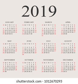 Calendar 2019 year vector design template. Simple 2019 year calendar.  Vector circle calendar 2019. Week starts from Sunday and ends  with Saturday. Font with serif