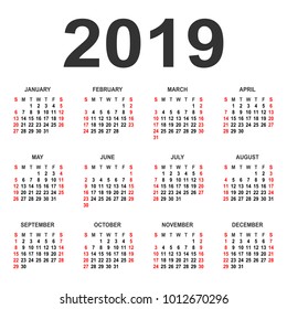 Calendar 2019 year vector design template. Simple 2019 year calendar.  Vector circle calendar 2019. Week starts from Sunday and ends  with Saturday. Font Arial bold sans serif