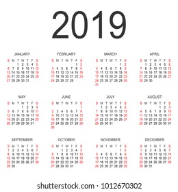 Calendar 2019 year vector design template. Simple 2019 year calendar.  Vector circle calendar 2019. Week starts from Sunday and ends  with Saturday. Font Arial sans serif